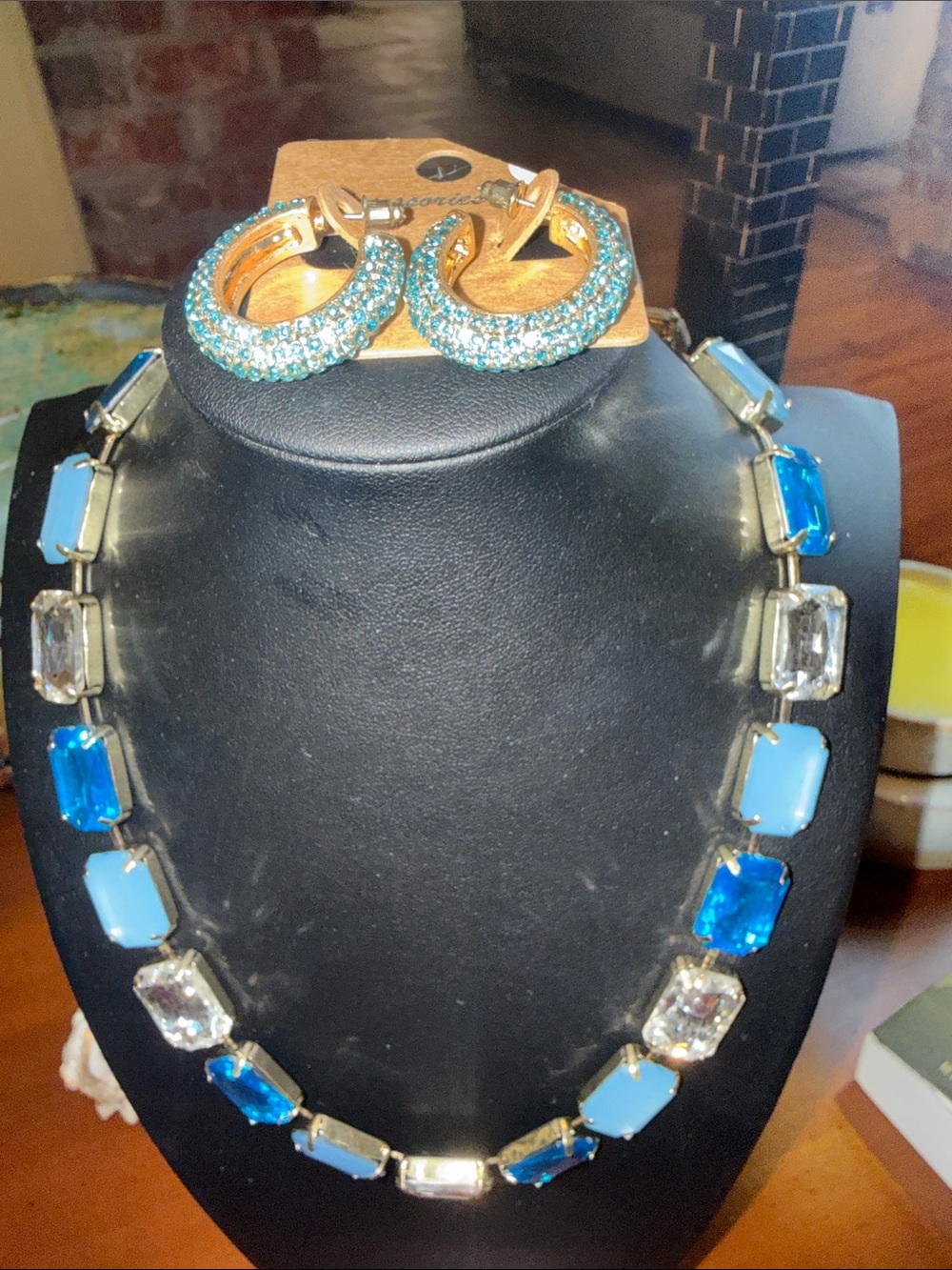 Blue Crystal Station Necklace with Matching Pave Hoop Earrings